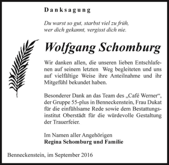 Traueranzeige von Wolfgang Schomburg  von Magdeburger Volksstimme