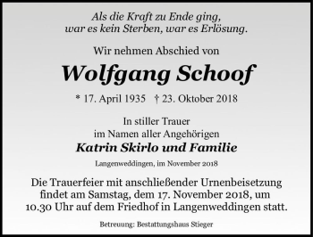 Traueranzeige von Wolfgang Schoof  von Magdeburger Volksstimme