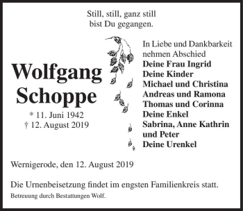 Traueranzeige von Wolfgang Schoppe  von Magdeburger Volksstimme