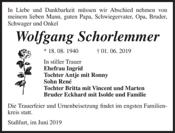 Traueranzeige von Wolfgang Schorlemmer  von Magdeburger Volksstimme