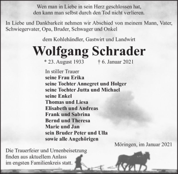 Traueranzeige von Wolfgang Schrader  von Magdeburger Volksstimme