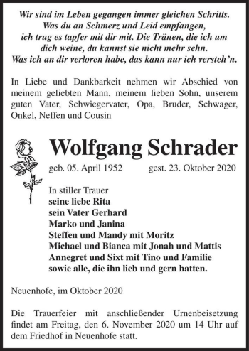 Traueranzeige von Wolfgang Schrader  von Magdeburger Volksstimme