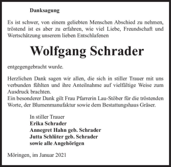 Traueranzeige von Wolfgang Schrader  von Magdeburger Volksstimme