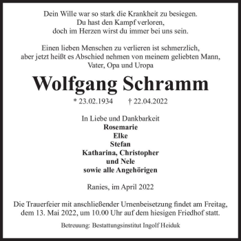 Traueranzeige von Wolfgang Schramm  von Magdeburger Volksstimme