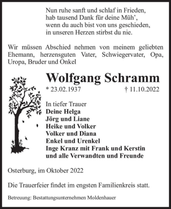 Traueranzeige von Wolfgang Schramm  von Magdeburger Volksstimme