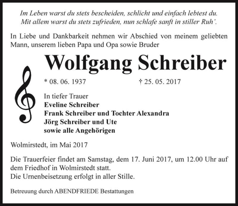  Traueranzeige für Wolfgang Schreiber  vom 30.05.2017 aus Magdeburger Volksstimme