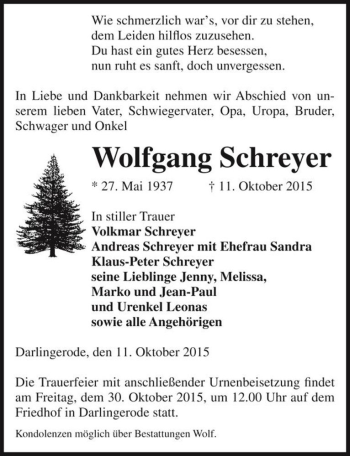 Traueranzeige von Wolfgang Schreyer  von Magdeburger Volksstimme