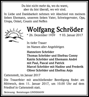Traueranzeige von Wolfgang Schröder  von Magdeburger Volksstimme