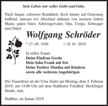Traueranzeige von Wolfgang Schröder  von Magdeburger Volksstimme
