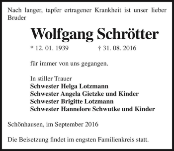 Traueranzeige von Wolfgang Schrötter  von Magdeburger Volksstimme