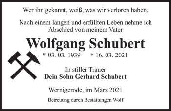 Traueranzeige von Wolfgang Schubert  von Magdeburger Volksstimme