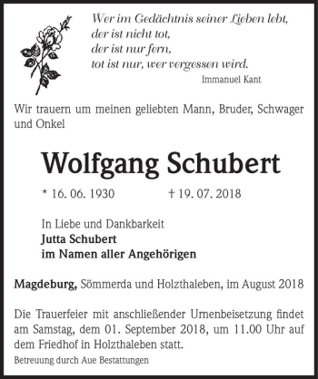 Traueranzeige von Wolfgang Schubert  von Magdeburger Volksstimme