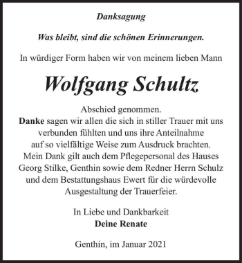 Traueranzeige von Wolfgang Schultz  von Magdeburger Volksstimme