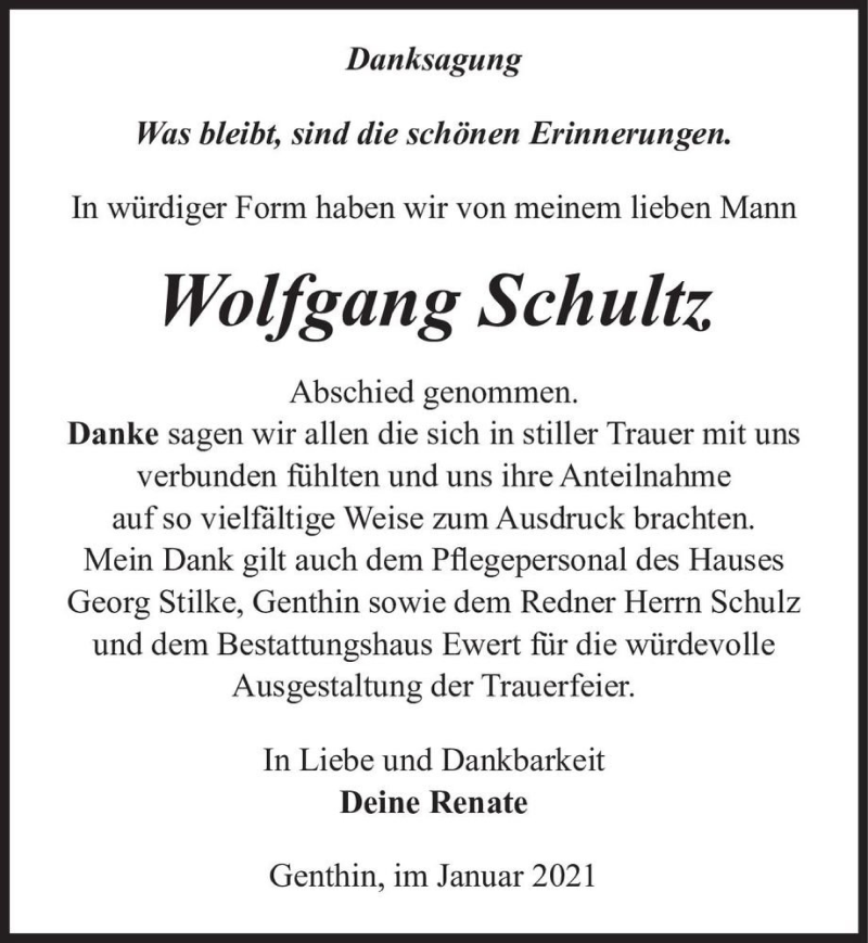  Traueranzeige für Wolfgang Schultz  vom 06.02.2021 aus Magdeburger Volksstimme