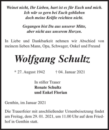 Traueranzeige von Wolfgang Schultz  von Magdeburger Volksstimme