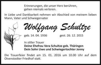 Traueranzeige von Wolfgang Schultze  von Magdeburger Volksstimme