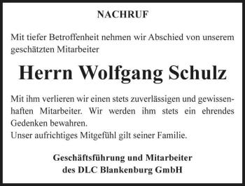 Traueranzeige von Wolfgang Schulz  von Magdeburger Volksstimme