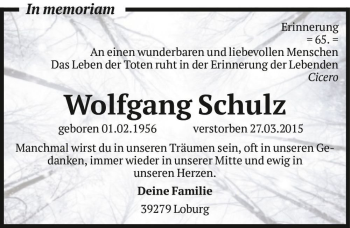 Traueranzeige von Wolfgang Schulz  von Magdeburger Volksstimme