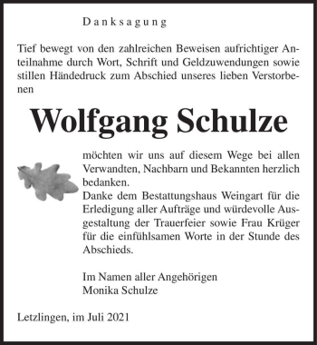Traueranzeige von Wolfgang Schulze  von Magdeburger Volksstimme