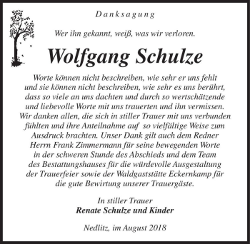 Traueranzeige von Wolfgang Schulze  von Magdeburger Volksstimme
