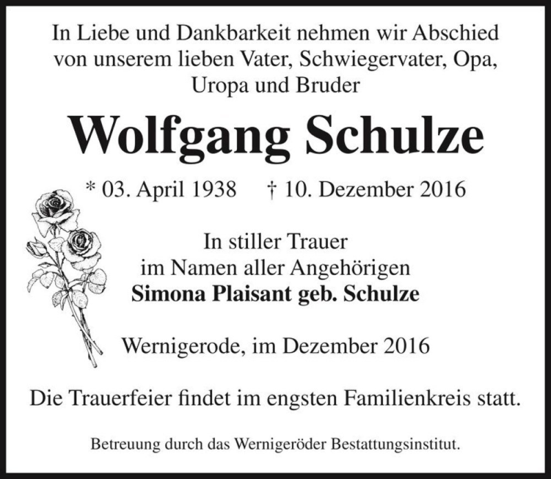  Traueranzeige für Wolfgang Schulze  vom 16.12.2016 aus Magdeburger Volksstimme
