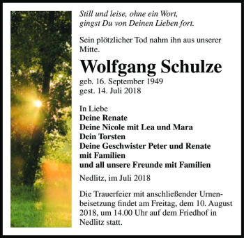 Traueranzeige von Wolfgang Schulze  von Magdeburger Volksstimme