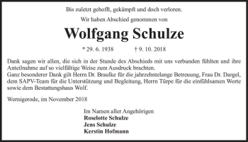 Traueranzeige von Wolfgang Schulze  von Magdeburger Volksstimme
