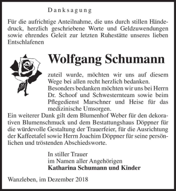 Traueranzeige von Wolfgang Schumann  von Magdeburger Volksstimme