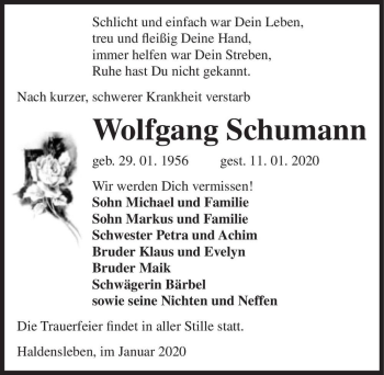 Traueranzeige von Wolfgang Schumann  von Magdeburger Volksstimme