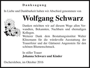 Traueranzeige von Wolfgang Schwarz  von Magdeburger Volksstimme