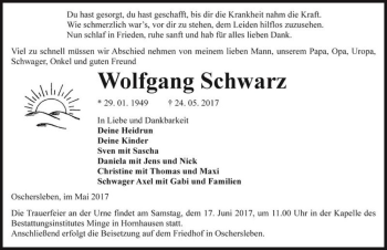 Traueranzeige von Wolfgang Schwarz  von Magdeburger Volksstimme