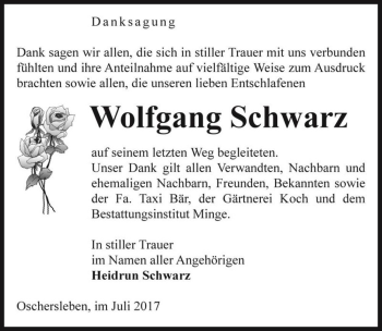Traueranzeige von Wolfgang Schwarz  von Magdeburger Volksstimme