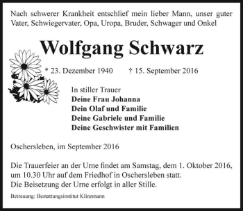 Traueranzeige von Wolfgang Schwarz  von Magdeburger Volksstimme