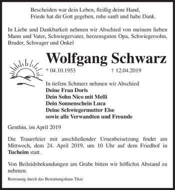 Traueranzeige von Wolfgang Schwarz  von Magdeburger Volksstimme