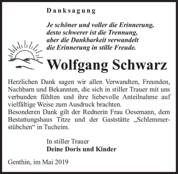 Traueranzeige von Wolfgang Schwarz  von Magdeburger Volksstimme