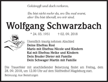 Traueranzeige von Wolfgang Schwarzbach  von Magdeburger Volksstimme