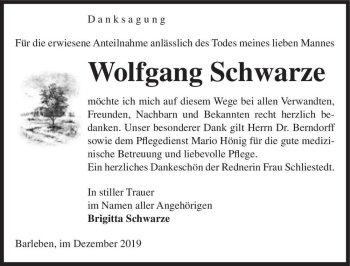 Traueranzeige von Wolfgang Schwarze  von Magdeburger Volksstimme