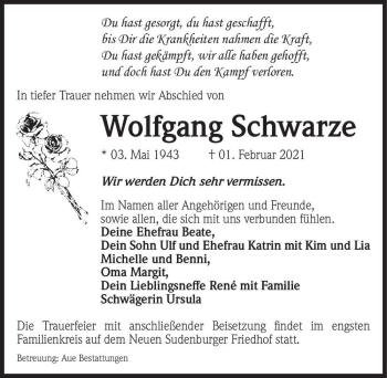 Traueranzeige von Wolfgang Schwarze  von Magdeburger Volksstimme