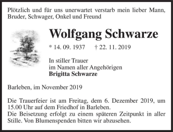 Traueranzeige von Wolfgang Schwarze  von Magdeburger Volksstimme