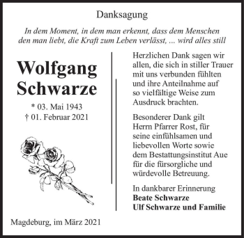 Traueranzeige von Wolfgang Schwarze  von Magdeburger Volksstimme