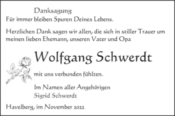Traueranzeige von Wolfgang Schwerdt  von Magdeburger Volksstimme