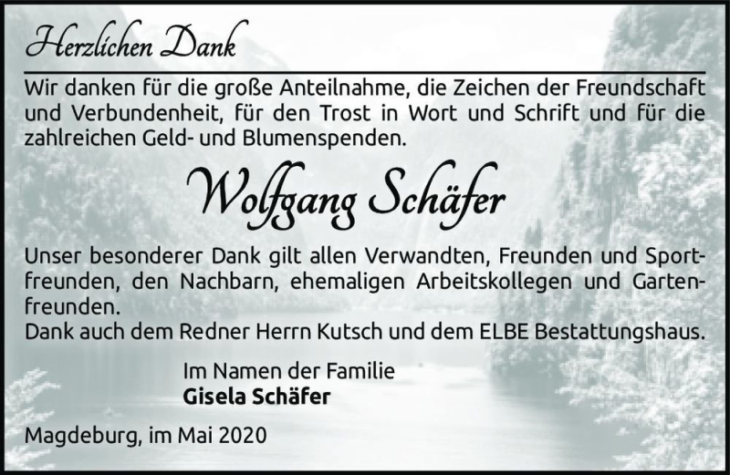  Traueranzeige für Wolfgang Schäfer  vom 23.05.2020 aus Magdeburger Volksstimme