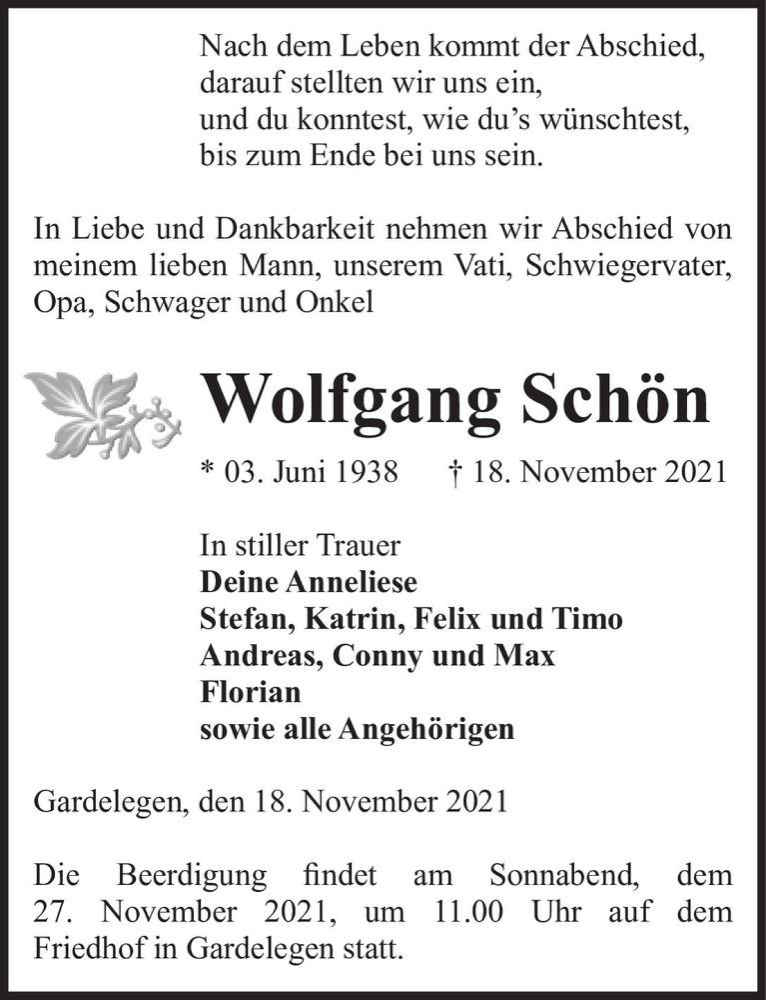  Traueranzeige für Wolfgang Schön  vom 20.11.2021 aus Magdeburger Volksstimme