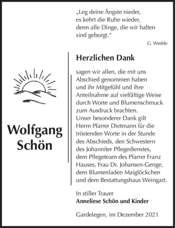 Traueranzeige von Wolfgang Schön  von Magdeburger Volksstimme