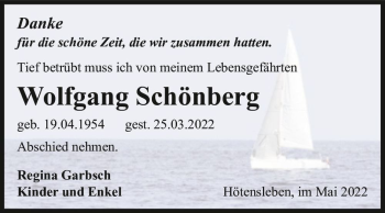 Traueranzeige von Wolfgang Schönberg  von Magdeburger Volksstimme