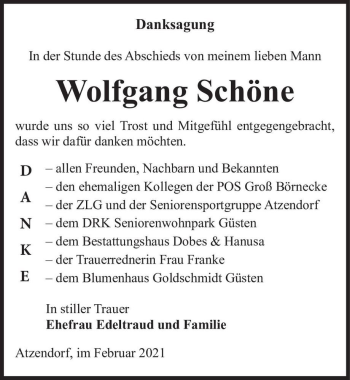 Traueranzeige von Wolfgang Schöne  von Magdeburger Volksstimme