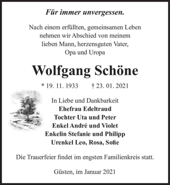Traueranzeige von Wolfgang Schöne  von Magdeburger Volksstimme