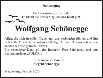 Traueranzeige von Wolfgang Schönegge  von Magdeburger Volksstimme