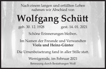 Traueranzeige von Wolfgang Schütt  von Magdeburger Volksstimme