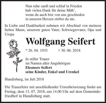Traueranzeige von Wolfgang Seifert  von Magdeburger Volksstimme